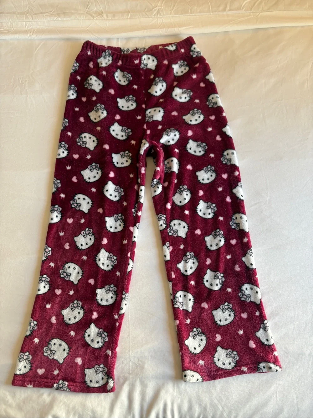 Hello Kitty Fleece Pajama Pants Burgundy Sanrio Lounge Kawaii Cozy Sleepwear